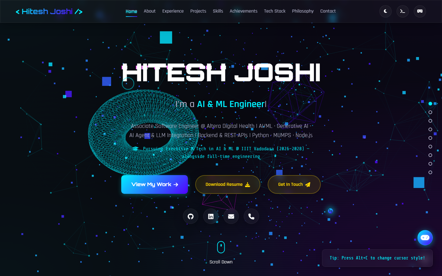 The interactive portfolio in dark mode, with the developer introduction and Three.js scene